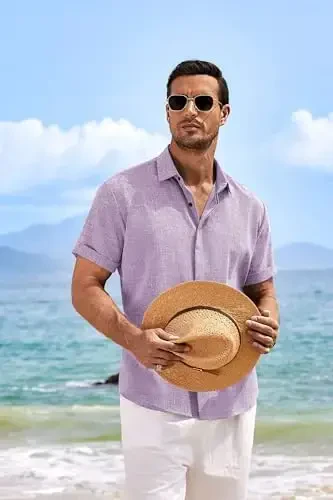 COOFANDY Men's Linen Shirts Short Sleeve Casual Shirts Button Down Shirt for Men Beach Summer Wedding Shirt - 3