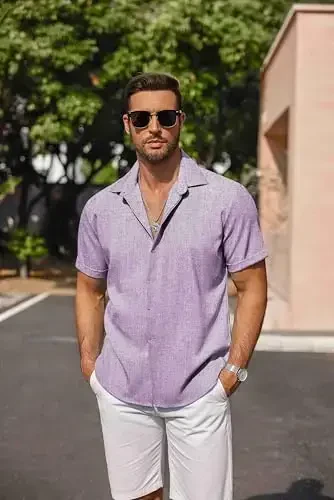 COOFANDY Men's Linen Shirts Short Sleeve Casual Shirts Button Down Shirt for Men Beach Summer Wedding Shirt - 5