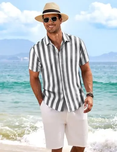 COOFANDY Men's Linen Shirts Short Sleeve Casual Shirts Button Down Shirt for Men Beach Summer Wedding Shirt - 4
