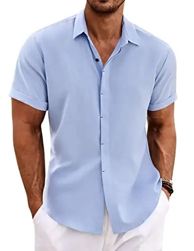 COOFANDY Men's Linen Shirts Short Sleeve Casual Shirts Button Down Shirt for Men Beach Summer Wedding Shirt 