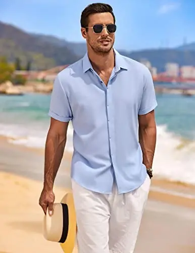 COOFANDY Men's Linen Shirts Short Sleeve Casual Shirts Button Down Shirt for Men Beach Summer Wedding Shirt - 2