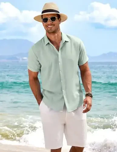 COOFANDY Men's Linen Shirts Short Sleeve Casual Shirts Button Down Shirt for Men Beach Summer Wedding Shirt - 3