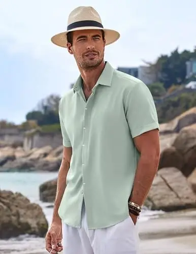 COOFANDY Men's Linen Shirts Short Sleeve Casual Shirts Button Down Shirt for Men Beach Summer Wedding Shirt - 4