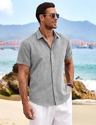 COOFANDY Men's Linen Shirts Short Sleeve Casual Shirts Button Down Shirt for Men Beach Summer Wedding Shirt - 4