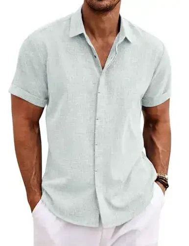 COOFANDY Men's Linen Shirts Short Sleeve Casual Shirts Button Down Shirt for Men Beach Summer Wedding Shirt - 1