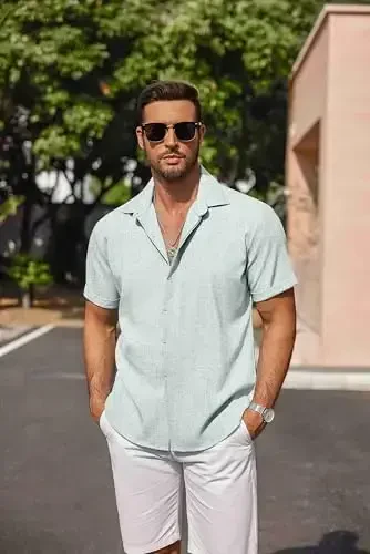 COOFANDY Men's Linen Shirts Short Sleeve Casual Shirts Button Down Shirt for Men Beach Summer Wedding Shirt - 3