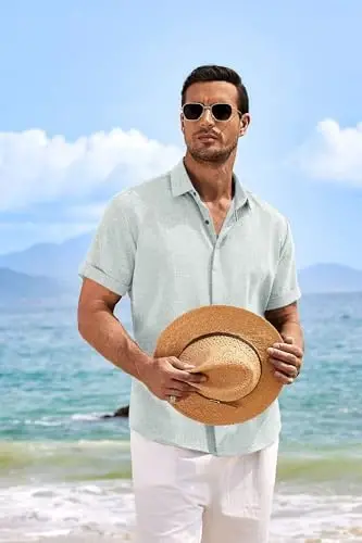 COOFANDY Men's Linen Shirts Short Sleeve Casual Shirts Button Down Shirt for Men Beach Summer Wedding Shirt - 2