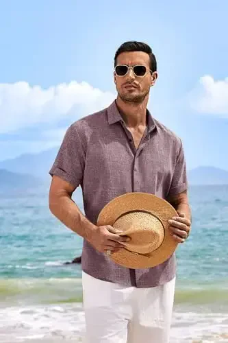 COOFANDY Men's Linen Shirts Short Sleeve Casual Shirts Button Down Shirt for Men Beach Summer Wedding Shirt - 3