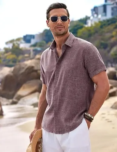 COOFANDY Men's Linen Shirts Short Sleeve Casual Shirts Button Down Shirt for Men Beach Summer Wedding Shirt - COOFANDY (1)