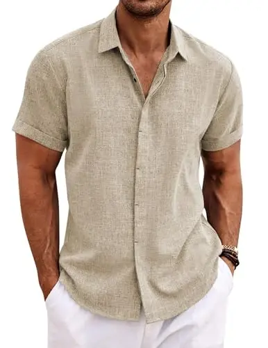 COOFANDY Men's Linen Shirts Short Sleeve Casual Shirts Button Down Shirt for Men Beach Summer Wedding Shirt 
