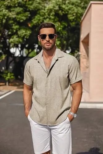 COOFANDY Men's Linen Shirts Short Sleeve Casual Shirts Button Down Shirt for Men Beach Summer Wedding Shirt - 4