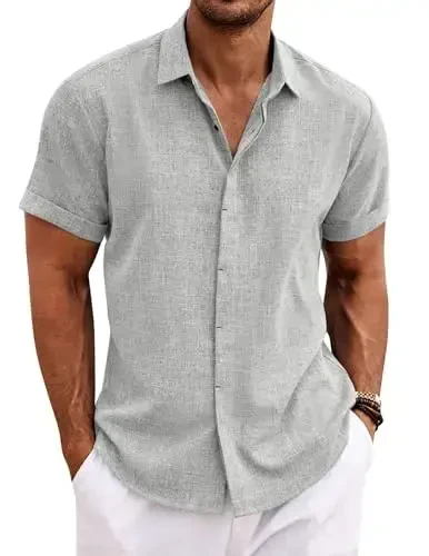 COOFANDY Men's Linen Shirts Short Sleeve Casual Shirts Button Down Shirt for Men Beach Summer Wedding Shirt - COOFANDY