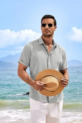 COOFANDY Men's Linen Shirts Short Sleeve Casual Shirts Button Down Shirt for Men Beach Summer Wedding Shirt - 3