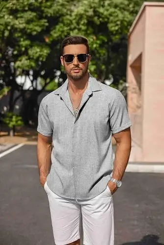 COOFANDY Men's Linen Shirts Short Sleeve Casual Shirts Button Down Shirt for Men Beach Summer Wedding Shirt - 4
