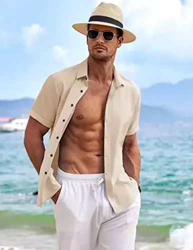 COOFANDY Men's Linen Shirts Short Sleeve Casual Shirts Button Down Shirt for Men Beach Summer Wedding Shirt - COOFANDY (1)