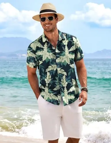 COOFANDY Men's Linen Shirts Short Sleeve Casual Shirts Button Down Shirt for Men Beach Summer Wedding Shirt - 3