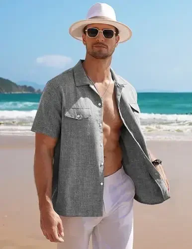 COOFANDY Men's Linen Short Sleeve Button Down Shirt Casual Cuban Collar Summer Beach Shirts Vacation Essentials - 4