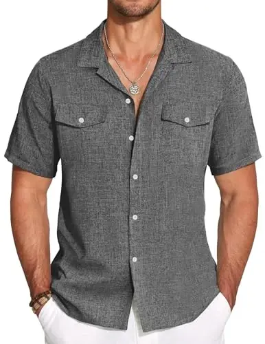 COOFANDY Men's Linen Short Sleeve Button Down Shirt Casual Cuban Collar Summer Beach Shirts Vacation Essentials 