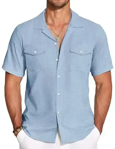 COOFANDY Men's Linen Short Sleeve Button Down Shirt Casual Cuban Collar Summer Beach Shirts Vacation Essentials - MODAZONE