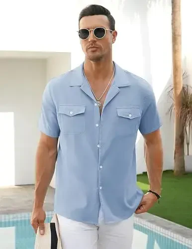 COOFANDY Men's Linen Short Sleeve Button Down Shirt Casual Cuban Collar Summer Beach Shirts Vacation Essentials - 3