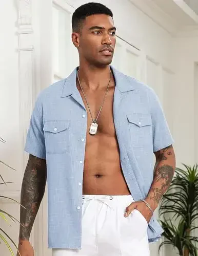 COOFANDY Men's Linen Short Sleeve Button Down Shirt Casual Cuban Collar Summer Beach Shirts Vacation Essentials - 4