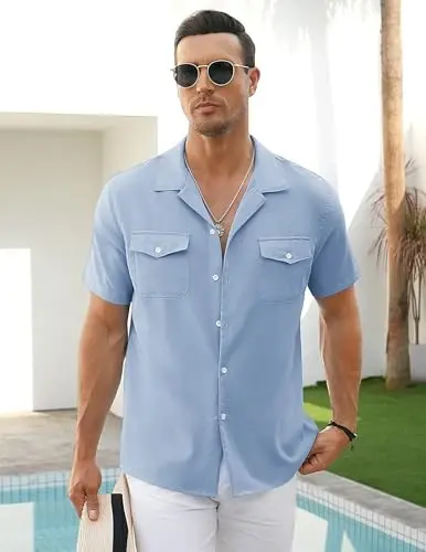 COOFANDY Men's Linen Short Sleeve Button Down Shirt Casual Cuban Collar Summer Beach Shirts Vacation Essentials - 3