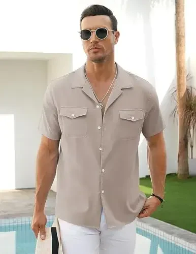 COOFANDY Men's Linen Short Sleeve Button Down Shirt Casual Cuban Collar Summer Beach Shirts Vacation Essentials - 3
