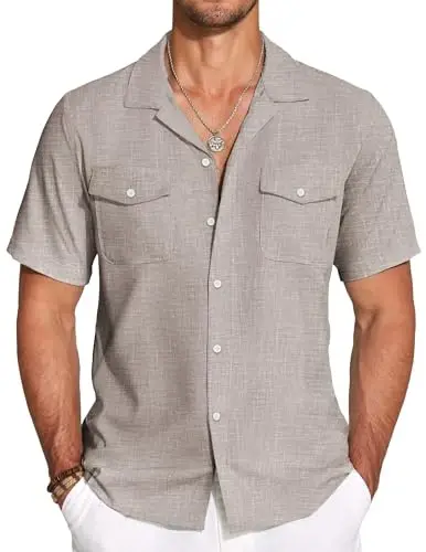 COOFANDY Men's Linen Short Sleeve Button Down Shirt Casual Cuban Collar Summer Beach Shirts Vacation Essentials 