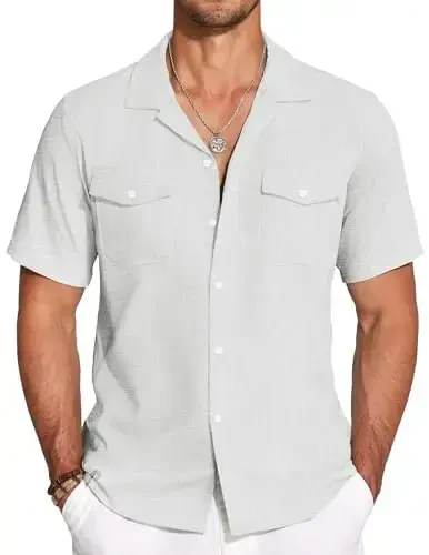COOFANDY Men's Linen Short Sleeve Button Down Shirt Casual Cuban Collar Summer Beach Shirts Vacation Essentials 