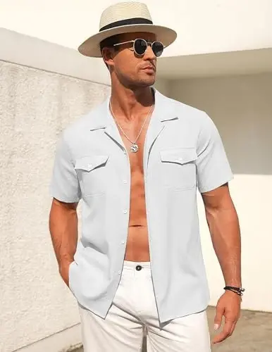 COOFANDY Men's Linen Short Sleeve Button Down Shirt Casual Cuban Collar Summer Beach Shirts Vacation Essentials - 2