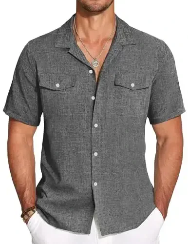 COOFANDY Men's Linen Short Sleeve Button Down Shirt Casual Cuban Collar Summer Beach Shirts Vacation Essentials - 1