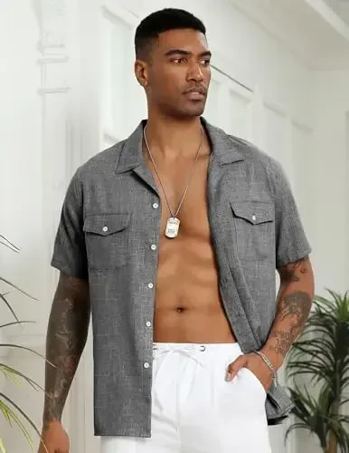 COOFANDY Men's Linen Short Sleeve Button Down Shirt Casual Cuban Collar Summer Beach Shirts Vacation Essentials - 2