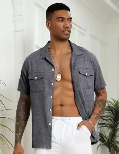 COOFANDY Men's Linen Short Sleeve Button Down Shirt Casual Cuban Collar Summer Beach Shirts Vacation Essentials - 2