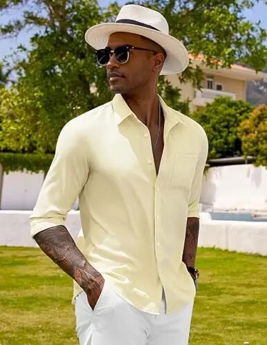COOFANDY Men's Long Sleeve Buttons Down Shirts Casual Button Up Shirts Beach Linen Shirt Untucked Dress Shirt - 3