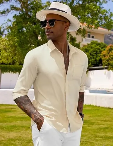 COOFANDY Men's Long Sleeve Buttons Down Shirts Casual Button Up Shirts Beach Linen Shirt Untucked Dress Shirt - 3