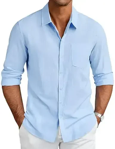 COOFANDY Men's Long Sleeve Cotton Linen Shirt Beach Button Down Shirts Casual Button Up Shirt Summer Yoga Tops with Pocket - 1