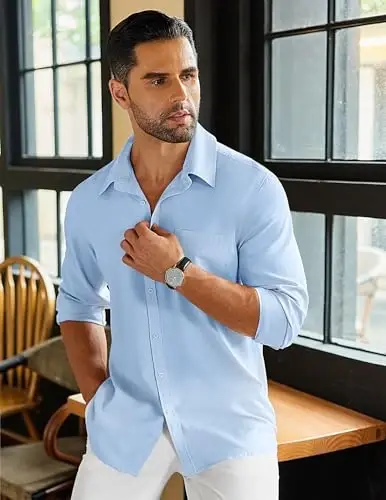 COOFANDY Men's Long Sleeve Cotton Linen Shirt Beach Button Down Shirts Casual Button Up Shirt Summer Yoga Tops with Pocket - 2