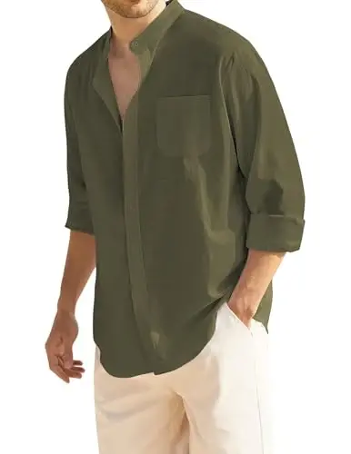 COOFANDY Men's Long Sleeve Cotton Linen Shirt Beach Button Down Shirts Casual Button Up Shirt Summer Yoga Tops with Pocket - 1