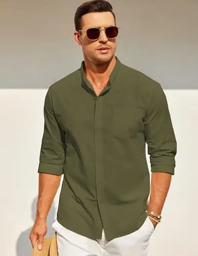 COOFANDY Men's Long Sleeve Cotton Linen Shirt Beach Button Down Shirts Casual Button Up Shirt Summer Yoga Tops with Pocket - 2