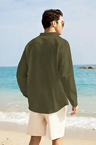 COOFANDY Men's Long Sleeve Cotton Linen Shirt Beach Button Down Shirts Casual Button Up Shirt Summer Yoga Tops with Pocket - 3