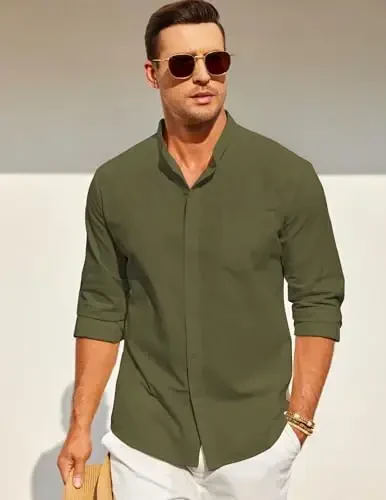 COOFANDY Men's Long Sleeve Cotton Linen Shirt Beach Button Down Shirts Casual Button Up Shirt Summer Yoga Tops with Pocket - 2