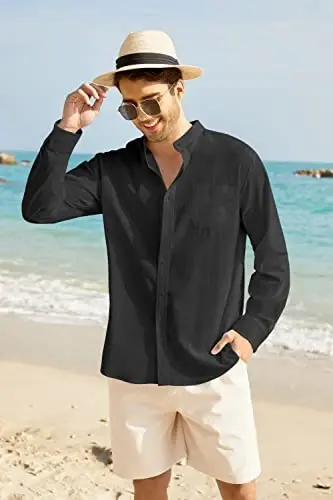COOFANDY Men's Long Sleeve Cotton Linen Shirt Beach Tugmachali Ko'ylaklar Kundalik Tugmachali Ko'ylak Yozgi Yoga Toplari cho'ntak bilan - 2