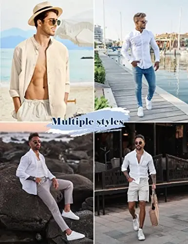 COOFANDY Men's Long Sleeve Cotton Linen Shirt Beach Tugmali Ko'ylaklar Kundalik Tugmali Ko'ylak Yozgi Yoga Toplari cho'ntak bilan 