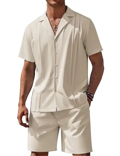 COOFANDY Mens Short Sets 2 Piece Outfits Holiday Guayabera Shirts and Beach Shorts, Beige, XXXL - MODAZONE