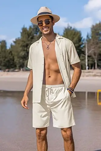 COOFANDY Mens Short Sets 2 Piece Outfits Holiday Guayabera Shirts and Beach Shorts, Beige, XXXL - 2
