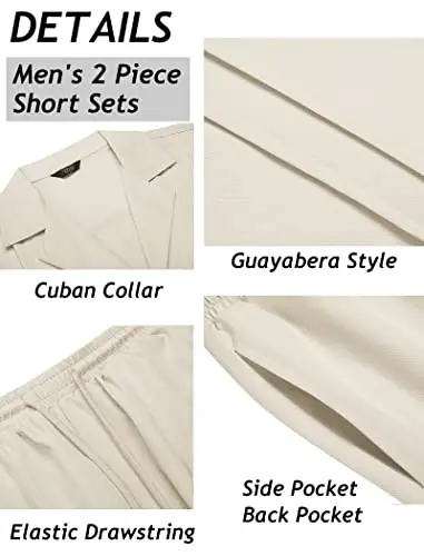 COOFANDY Mens Short Sets 2 Piece Outfits Holiday Guayabera Shirts and Beach Shorts, Beige, XXXL - 5