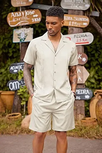 COOFANDY Mens Short Sets 2 Piece Outfits Holiday Guayabera Shirts and Beach Shorts，Beige，XXXL - 3