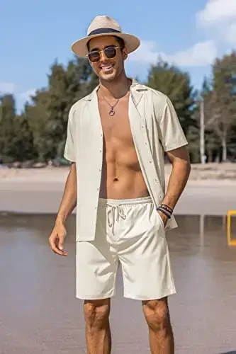 COOFANDY Mens Short Sets 2 Piece Outfits Holiday Guayabera Shirts and Beach Shorts，Beige，XXXL - 2