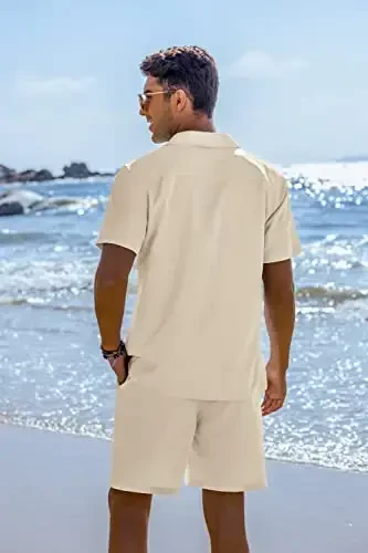 COOFANDY Mens Short Sets 2 Piece Outfits Holiday Guayabera Shirts and Beach Shorts，Beige，XXXL - 4