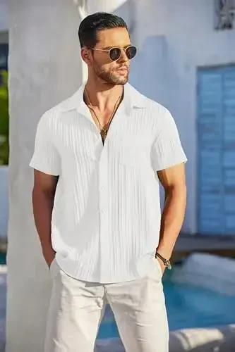 COOFANDY Men's Short Sleeve Button Down Shirt Casual Summer Beach Untucked Vacation Textured Shirts with Pocket - 3